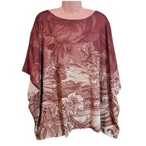 Chico's Women's‎ Blouse L/XL Burgundy/Beige Reversible Floral Poncho Pullover